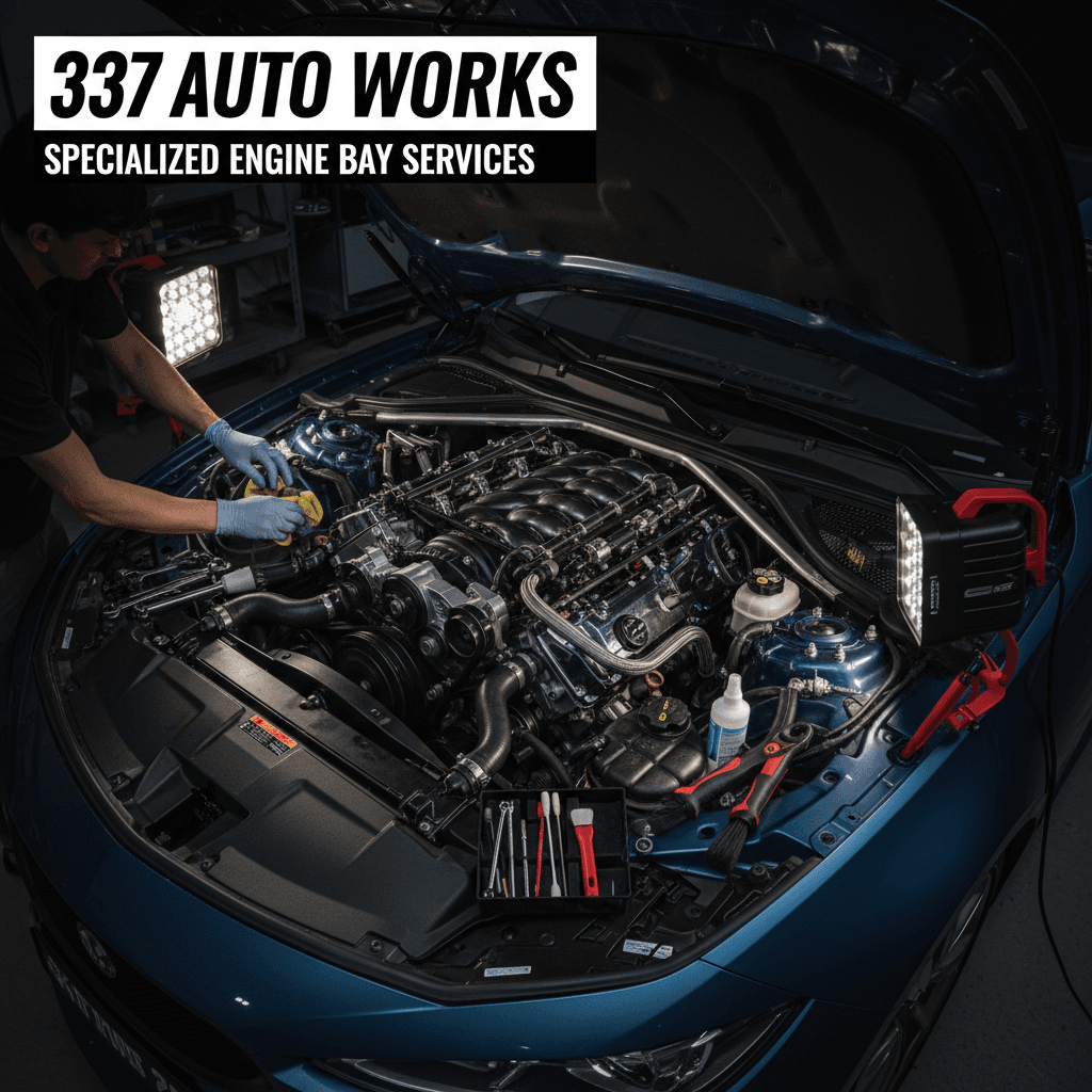 An industrial documentary aesthetic wide shot of an engine bay during professional cleaning and maintenance