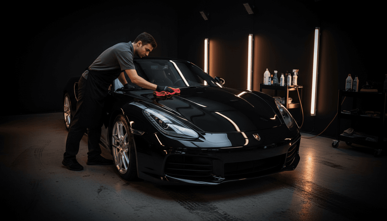 Professional technician polishing a vehicle's hood in a mobile service bay with dramatic lighting