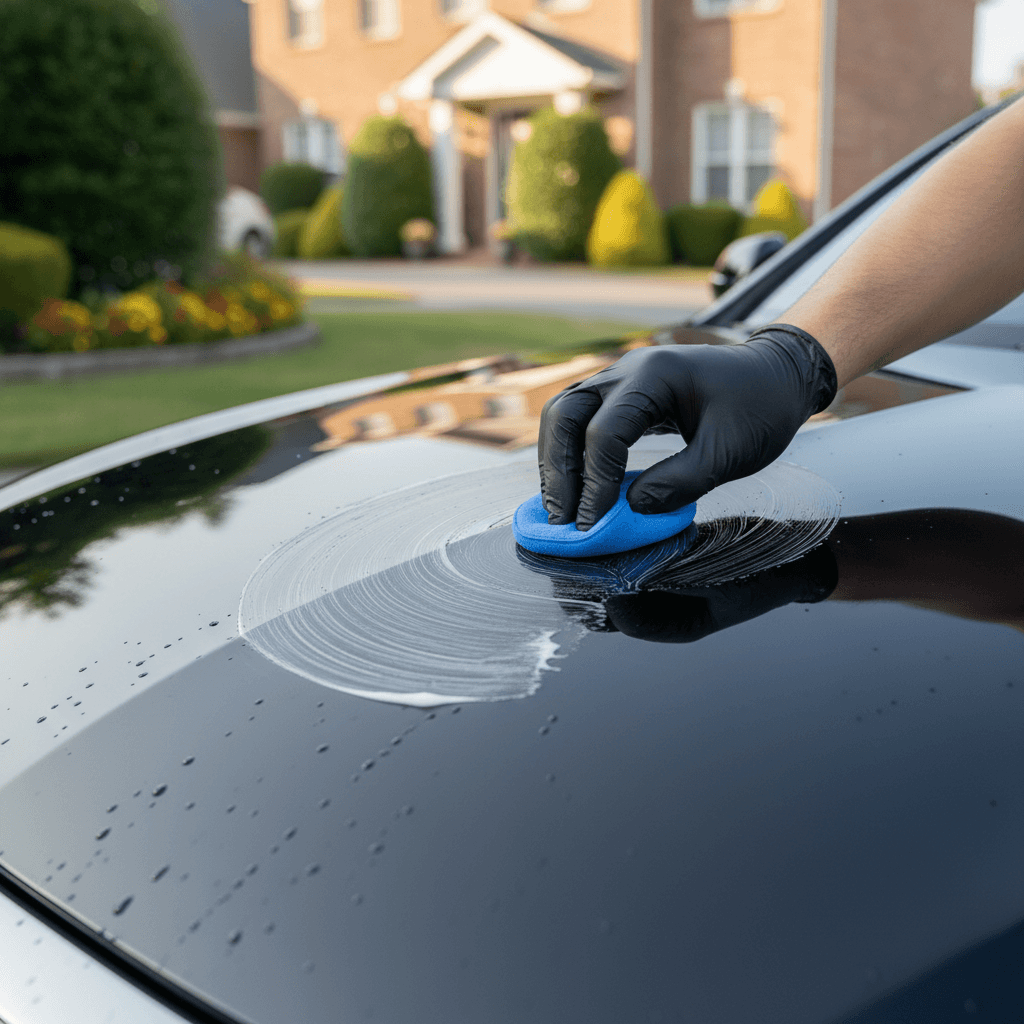 Professional detailer's gloved hands applying protective wax coating to vehicle hood with microfiber applicator pad