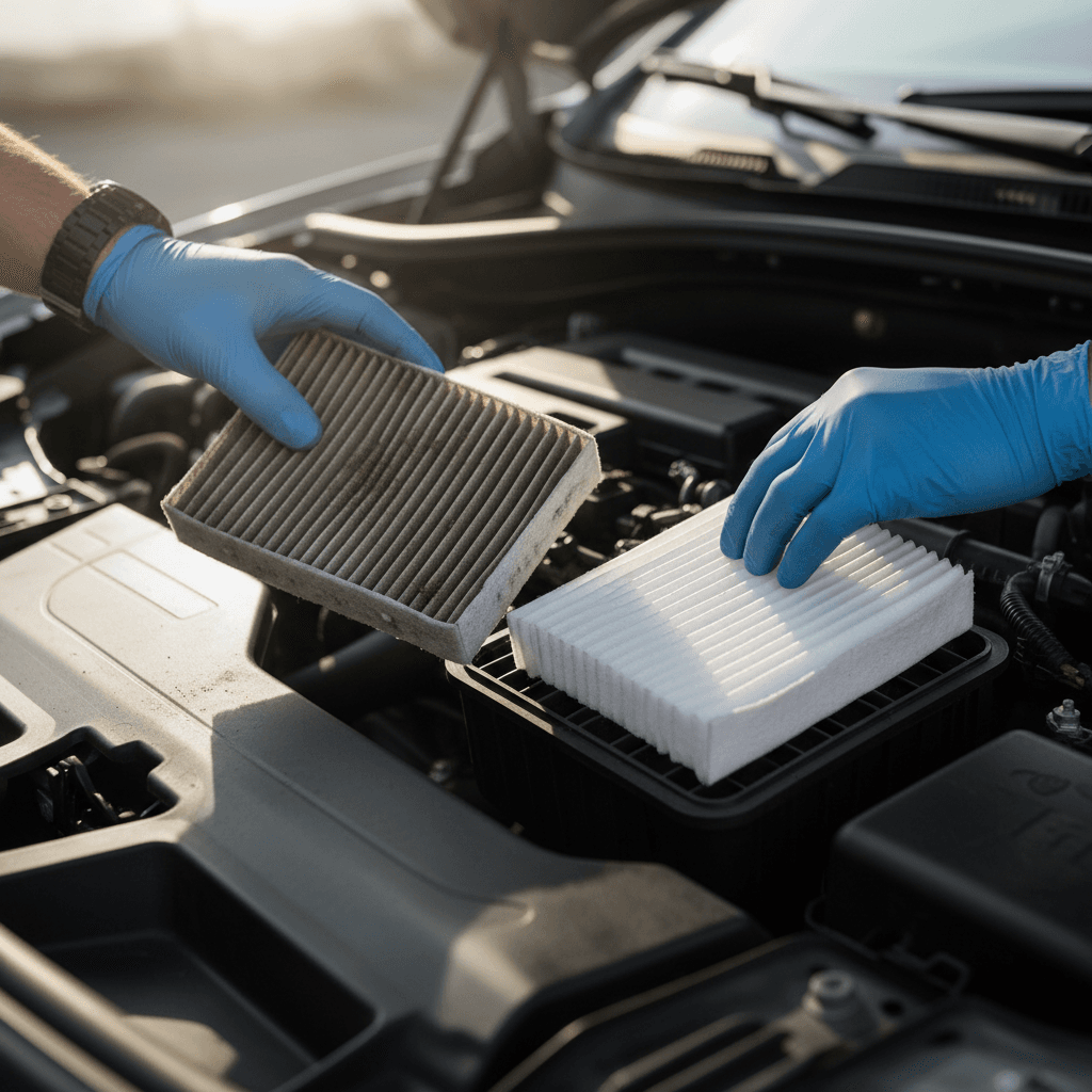 Technician's hands replacing vehicle air filter with new filter component in engine bay close-up