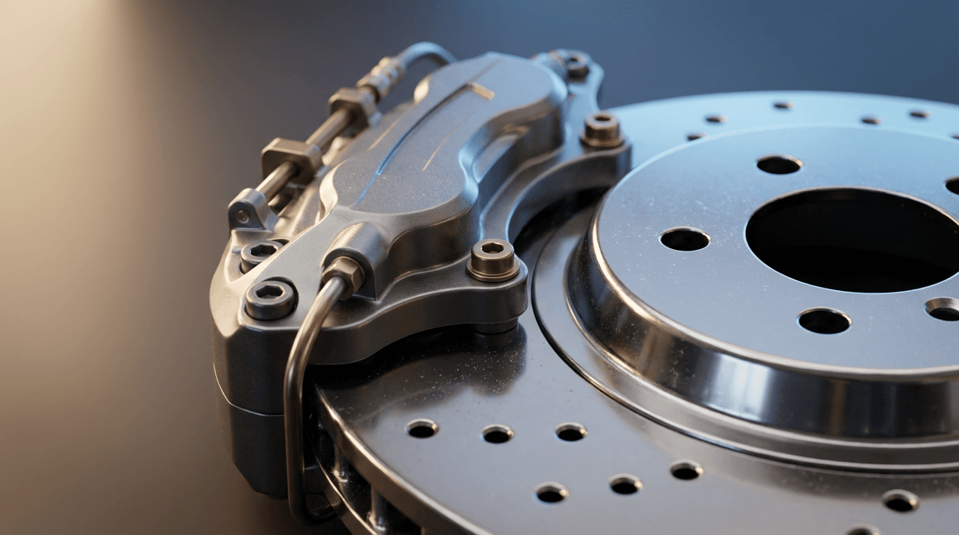 Extreme close-up of precision brake components with polished metal surfaces catching studio light in isometric arrangement.