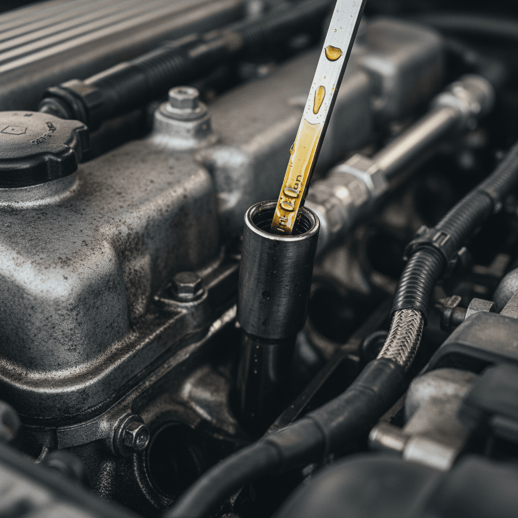 Close-up of oil dipstick showing amber engine oil level during routine vehicle maintenance check